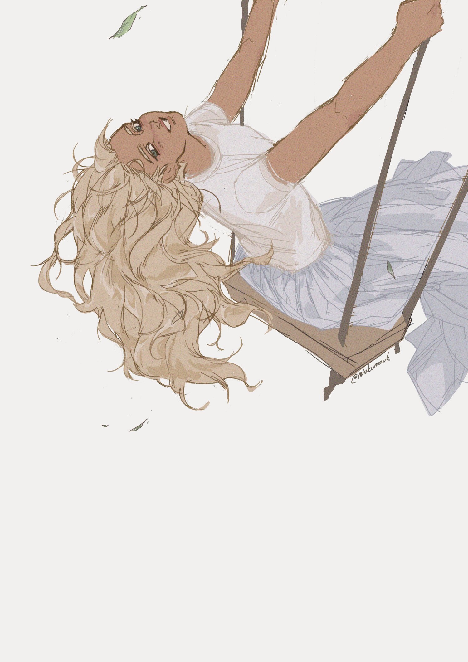 a digital illustration of a woman with long blonde hair sitting on a swing and smiling. she is wearing a white shirt and a light blue skirt. the colors are soft and dreamy, and the overall image is whimsical and cheerful.