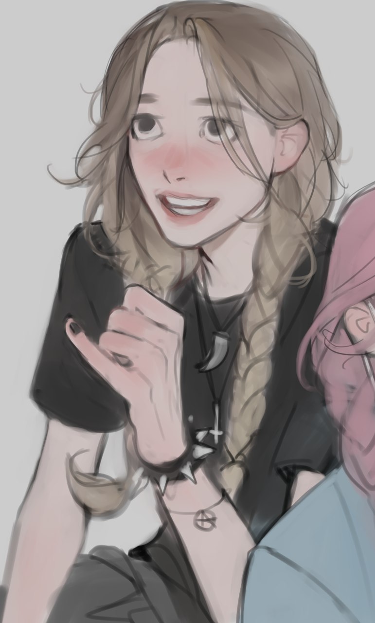 a digital sketch of a girl with long, blonde braids. she is wearing a black shirt with a silver necklace and bracelets. she has a cheerful expression and is looking to the left. the art style is soft and painterly with muted colors.