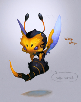 this is a digital illustration of a cute, baby beelike creature. it features exaggerated, large purple eyes and a segmented body that is a mix of yellow, black, and brown. the creature has small, blue wings and a long, thin tail. it appears to be floating above a light blue surface. handwritten notes on the image read "wingwing", "baby hornet", and "??".