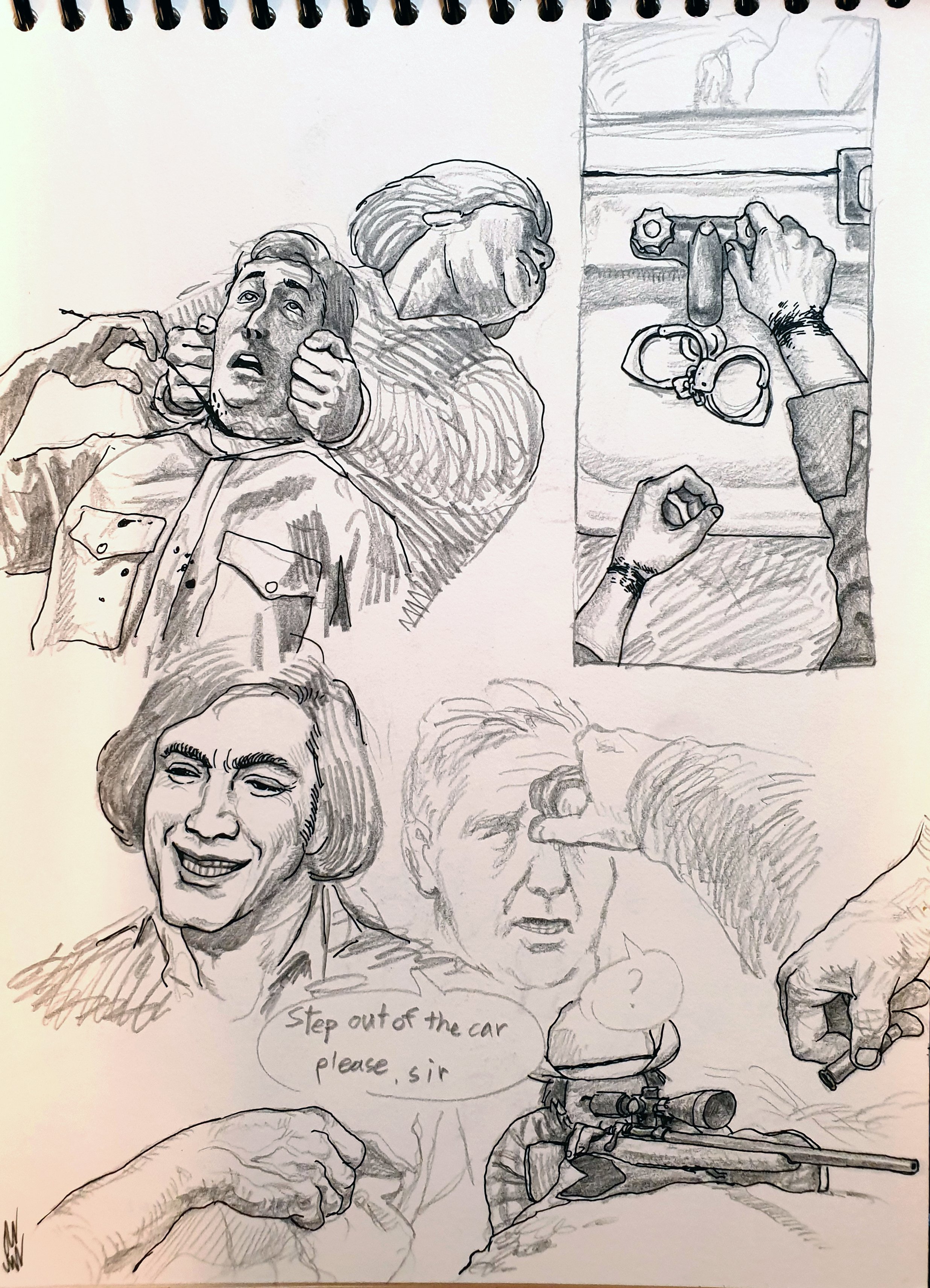 this is a pencil drawing depicting multiple scenes of an arrest.  the first scene shows a police officer  holding a suspect from behind, with one hand around his neck and the other hand on his shoulder.  in the second scene, a police officer is putting on handcuffs.  the third scene shows a suspect looking  confident with an officer in the background.  the fourth scene shows an officer pointing a gun at the suspect, with the words "step out of the car, please, sir" written in a thought bubble.  the drawings are detailed and expressive, capturing the tension and drama of the arrest.