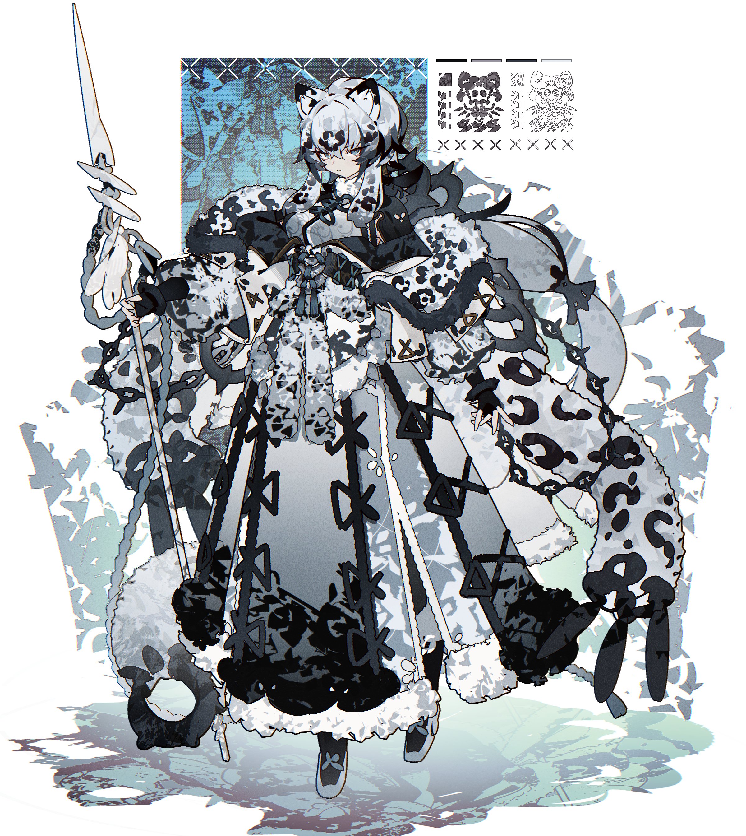 a digital drawing of a young man with white hair and snow leopard ears and tail.  he wears a white and black robe with a snow leopard pattern on it and has jewelry on his head and ears.  he is holding a tall white spear and there is a patterned background behind him.  he is a fantasy character and might be a warrior.