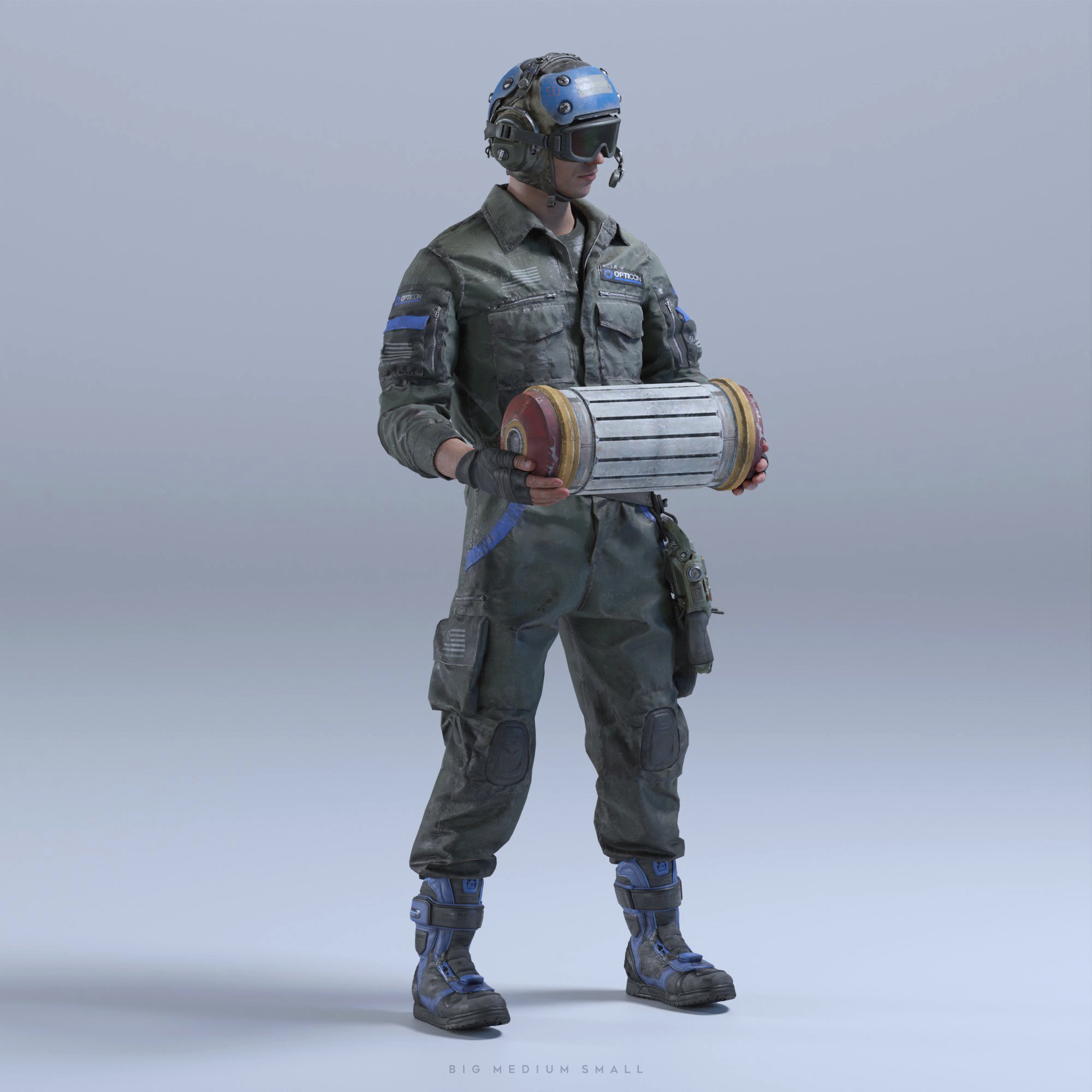 the image is a 3d render depicting a futuristic soldier in a detailed, tactical uniform. the soldier is standing and holding a large cylindrical canister or explosive device.  the uniform is predominantly dark olive green with blue accents on the boots and shoulders. the soldier wears a helmet with integrated goggles and appears to be ready for combat. the background is a simple, neutral grey, ensuring the focus remains on the character and his equipment. the style suggests a video game asset or concept art for a science fiction setting.  the image quality is high, showcasing detailed textures and rendering. the text "big medium small" is present at the bottom, possibly indicating scale options.