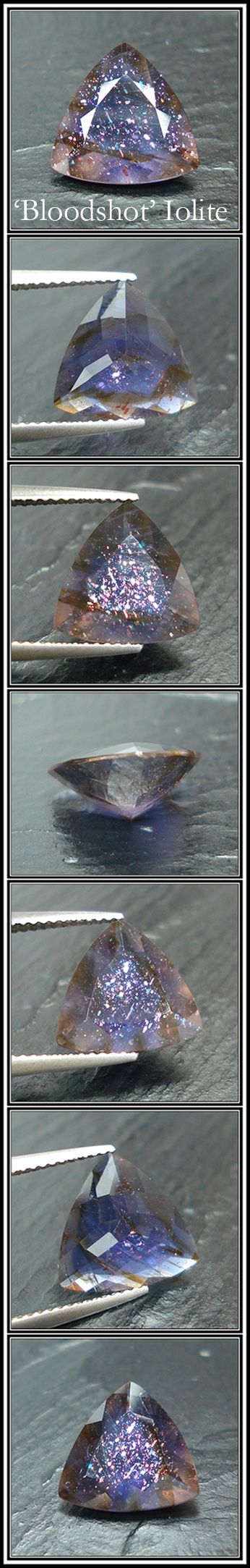 the image shows a vertical stack of closeup photos of a "bloodshot iolite" gemstone. the gemstone is triangular in shape, polished, and displays a mix of blue, purple, and reddishbrown colors with sparkly inclusions. some images show the gemstone being held by tweezers.