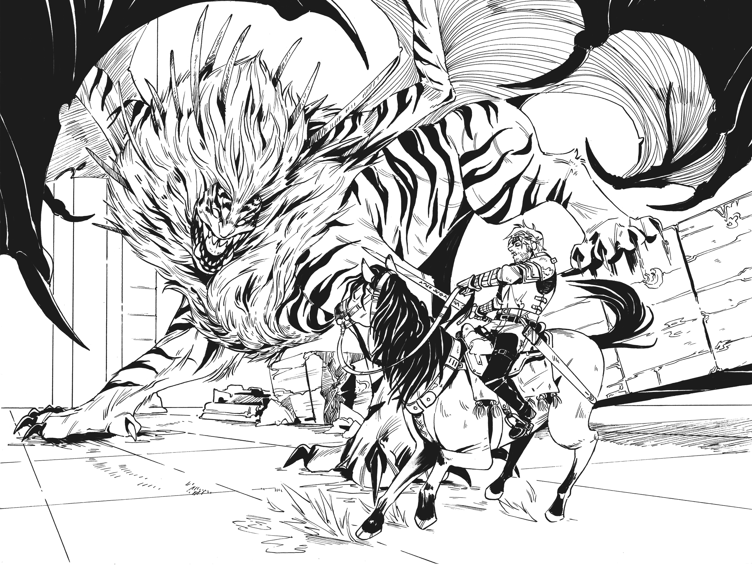 the illustration is a dynamic black and white ink drawing depicting a fierce confrontation.  a knight, clad in armor and astride a horse, faces off against a massive, winged tigerlike creature. the beast is powerfully built with thick fur and sharp claws, its wings spread wide.  the setting appears to be a ruined structure or battlefield.  the overall style is highly detailed and dramatic, suggesting a scene of intense conflict from a fantasy or adventure story. the contrast between the knight and the monstrous creature is striking, emphasizing the perilous nature of the situation. the lines are bold and expressive, creating a sense of movement and energy.