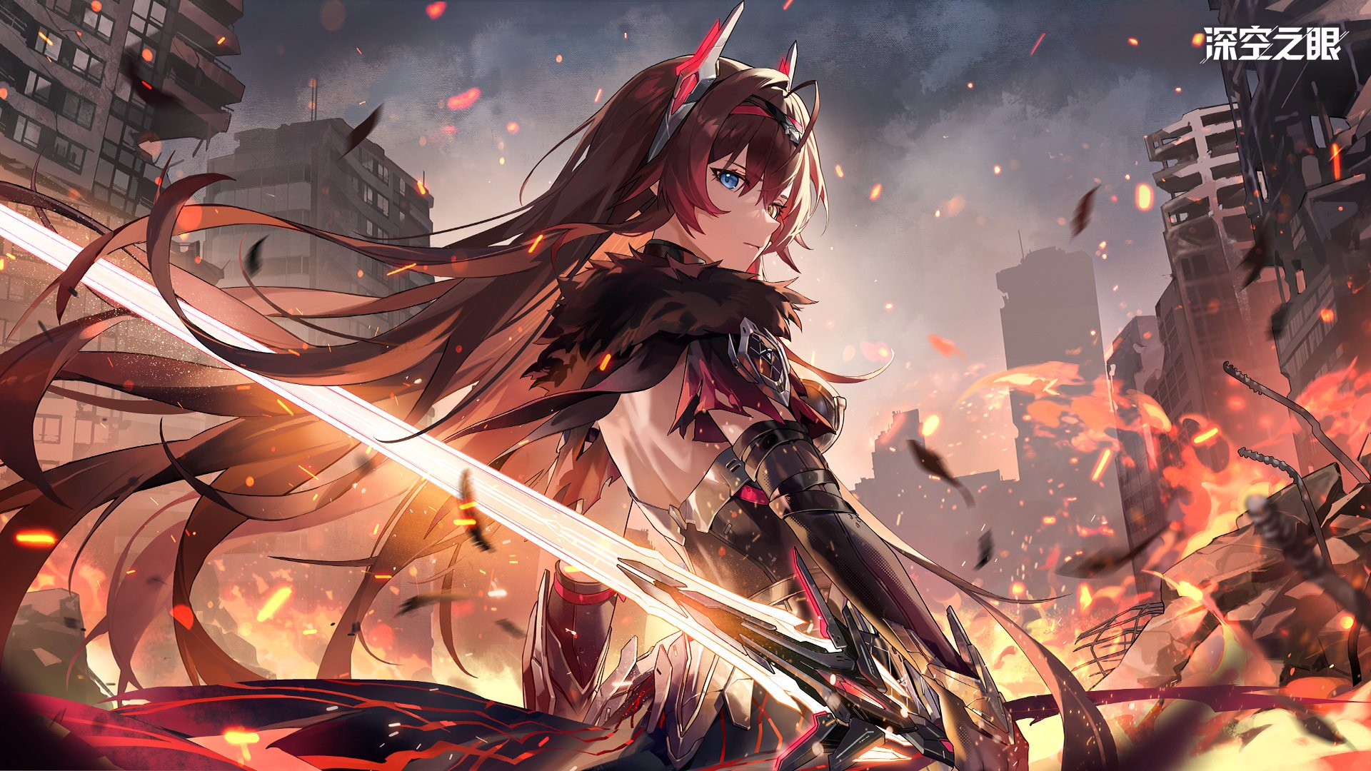 the image features an animestyle female character, standing amidst the backdrop of a burning city. she has long flowing brown hair and piercing blue eyes, accented by devil horns. her attire is a striking blend of black and red, suggestive of armor, with a fluffy black collar. in her hand, she wields a long, silver sword, its tip directed towards the ground. the city behind her is engulfed in flames, highlighting the destruction and chaos of the environment.  the image utilizes backlighting and ambient lighting to create a dramatic and intense atmosphere.