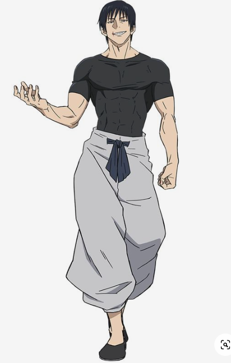 the image depicts a young adult male anime character. he has black hair, dark eyes, pale skin, and a muscular physique. he is wearing a black, shortsleeved shirt and loose, gray pants cinched at the waist with a black fabric belt.  his pose suggests confidence and a slight swagger.