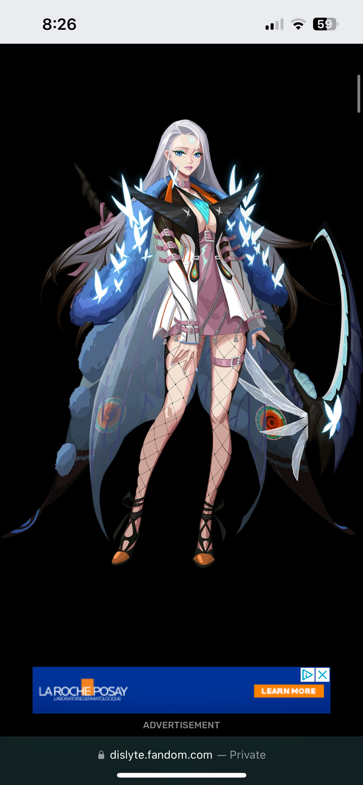 a fullbody illustration of a female character with long white hair, set against a black background. she wears a blue, white, and black outfit with butterfly motifs and wields a large scythe. the character's pose and attire suggest a warrior or powerful figure from a video game or fantasy setting.  the lighting is bright and focused, highlighting the details of the character and her outfit.