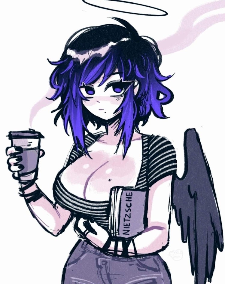 a digital illustration of an anime girl with dark purple hair, wearing a striped shirt and blue jeans. she has black angel wings and a halo above her head. she is holding a cup of coffee in one hand and a book with the word "nietzsche" on it in the other. the background is white.