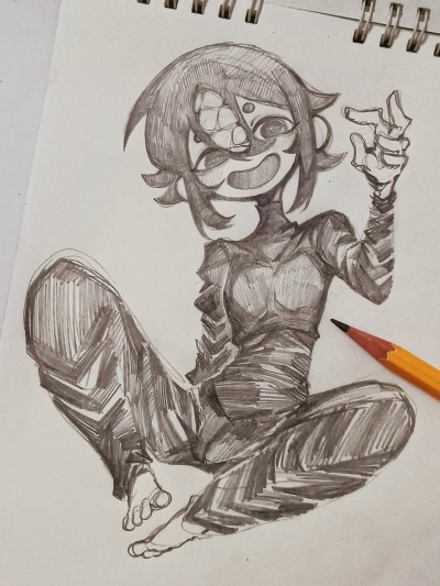 a hand drawn pencil sketch of a female anime character with long hair, sitting on her legs with her arms up and pointing with her right hand. she has a unique face with large eyes, and her attire is dark and shaded with lines. the drawing is detailed and expressive, featuring a dynamic pose and intricate shading. it conveys a sense of energy and character.