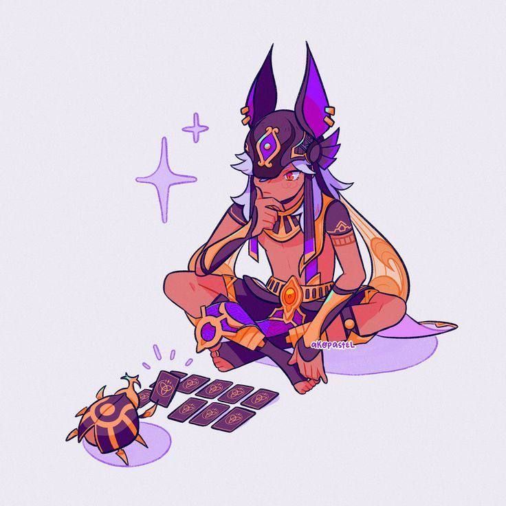 the image is a vibrant digital fanart depicting a young male character, possibly inspired by egyptian mythology or a similar fantasy setting. he's seated crosslegged, wearing an elaborate costume that includes a headdress resembling a jackal or anubis mask, gold armbands, and a purple and gold garment.  he has light skin and purple hair, and he appears to be thoughtfully considering a spread of tarot cards or similar mystical cards laid out before him. a scarab beetle is also present, seemingly connected to the mystical elements of the scene. the art style is characterized by bold colors, soft lines, and a playful, slightly whimsical approach.  the background is a simple, light purple. the overall impression is one of fantasy, magic, and perhaps a hint of fortunetelling or divination.
