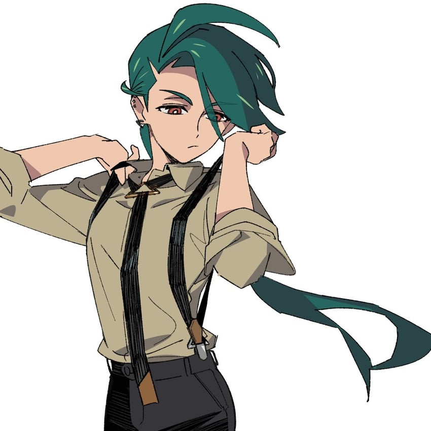 a digital illustration of an anime girl adjusting her suspenders with a confident expression. she has bright teal green hair with a single long braid trailing behind her, and wears a white buttondown shirt, brown suspenders, and black pants. the image is drawn in a stylized anime style with clean lines and vibrant colors, set against a plain white background.