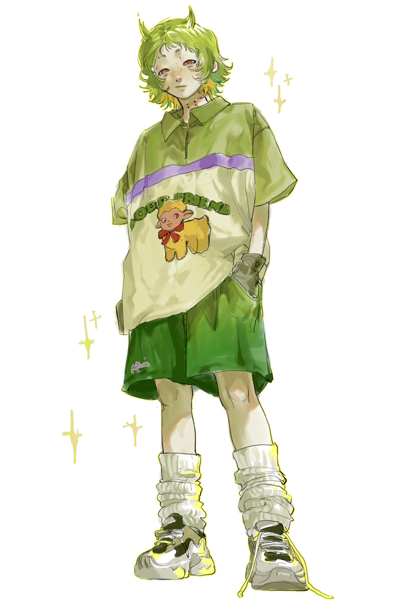 a digital illustration of an animestyle girl with green hair and horns wearing a green shirt with a yellow sheep on it, green shorts, white socks and shoes, and is standing on a white background with yellow sparkles in the background.