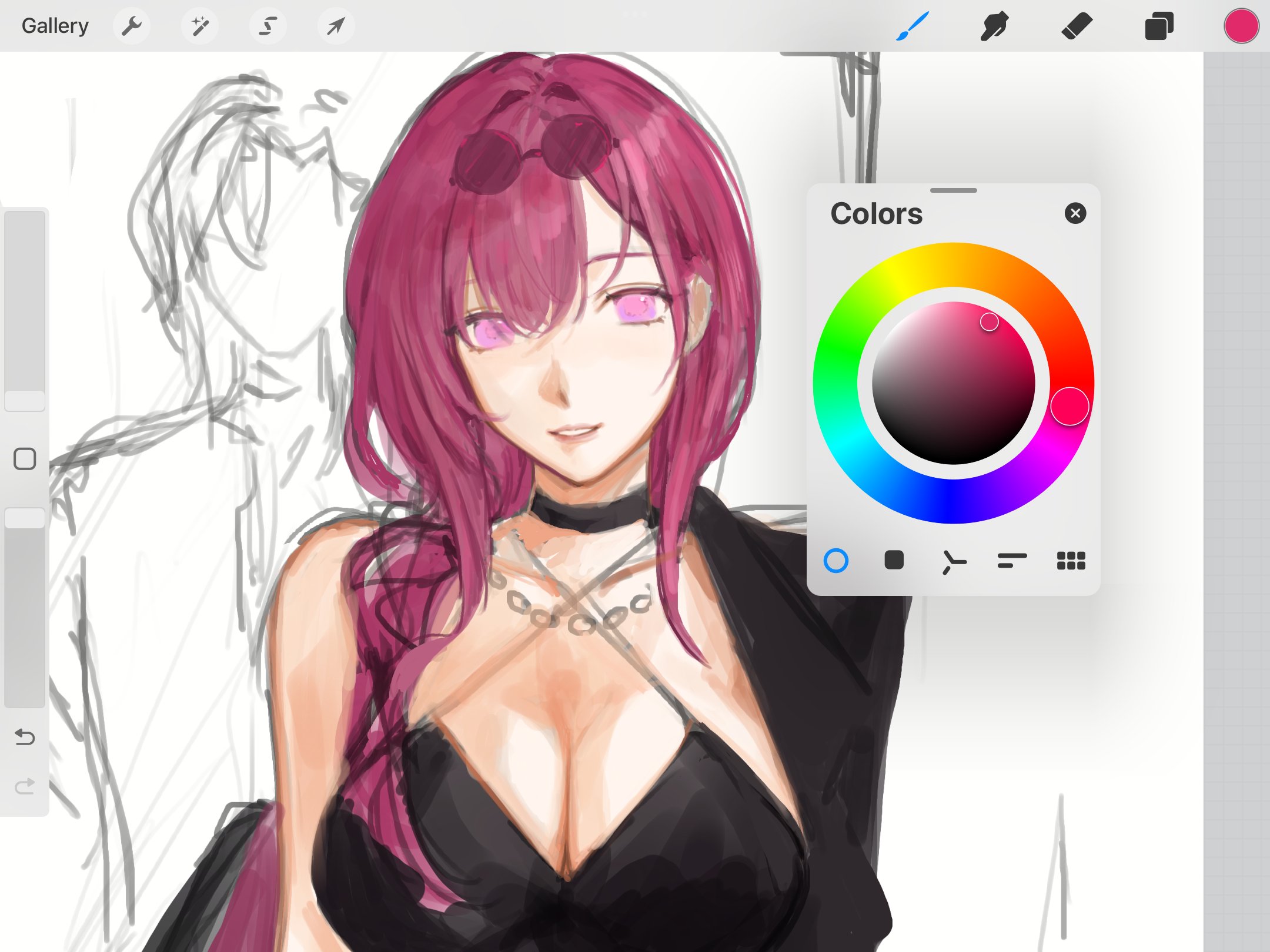 this image shows a digital illustration of a woman with long pink hair. she is wearing a black dress with a choker and sunglasses. the image is in the style of anime and is being created using an art software. there is a color wheel visible in the top right corner of the image.