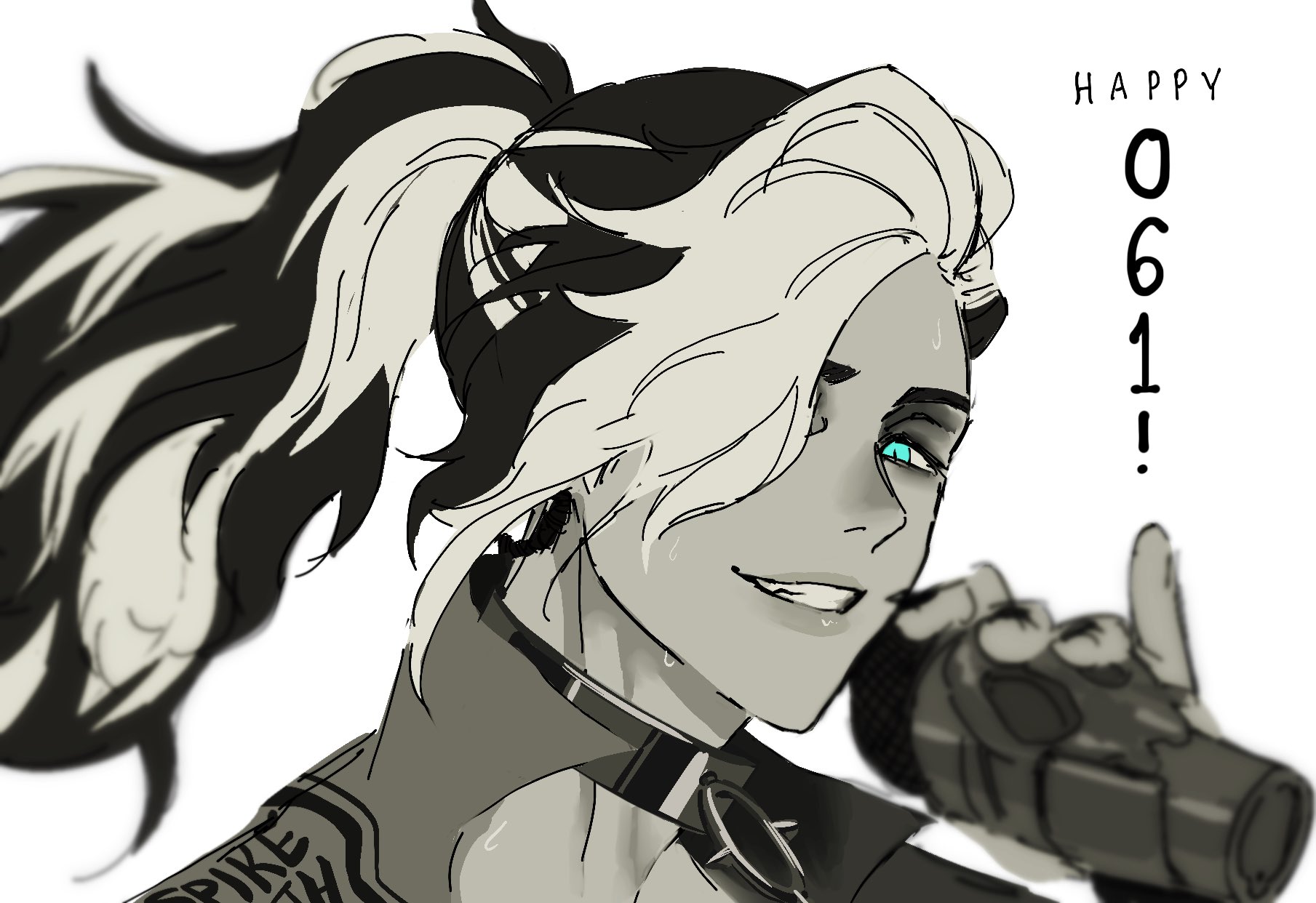 this is an illustration of an anime character. she has long black and white hair tied up in a ponytail. she is wearing a black and white collared shirt with a choker and is smiling. she is singing into a microphone with her right hand raised. the background has a light grey color with black writing that says "happy 061!".
