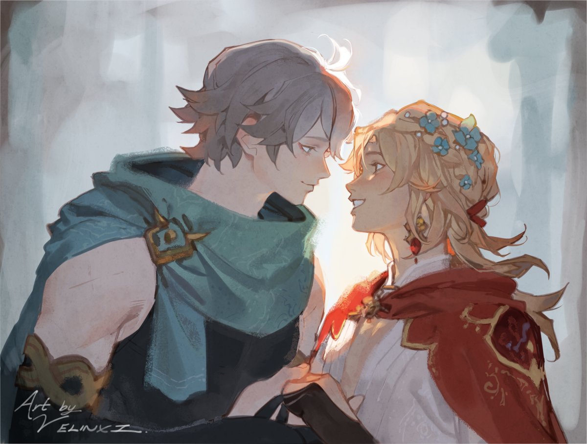 an animestyle fanart illustration of aether and alhaitham from the game genshin impact. aether, with blonde hair adorned with flowers and a red cape, smiles at alhaitham, who has grey hair and a green cape. they are holding hands and looking lovingly at each other.