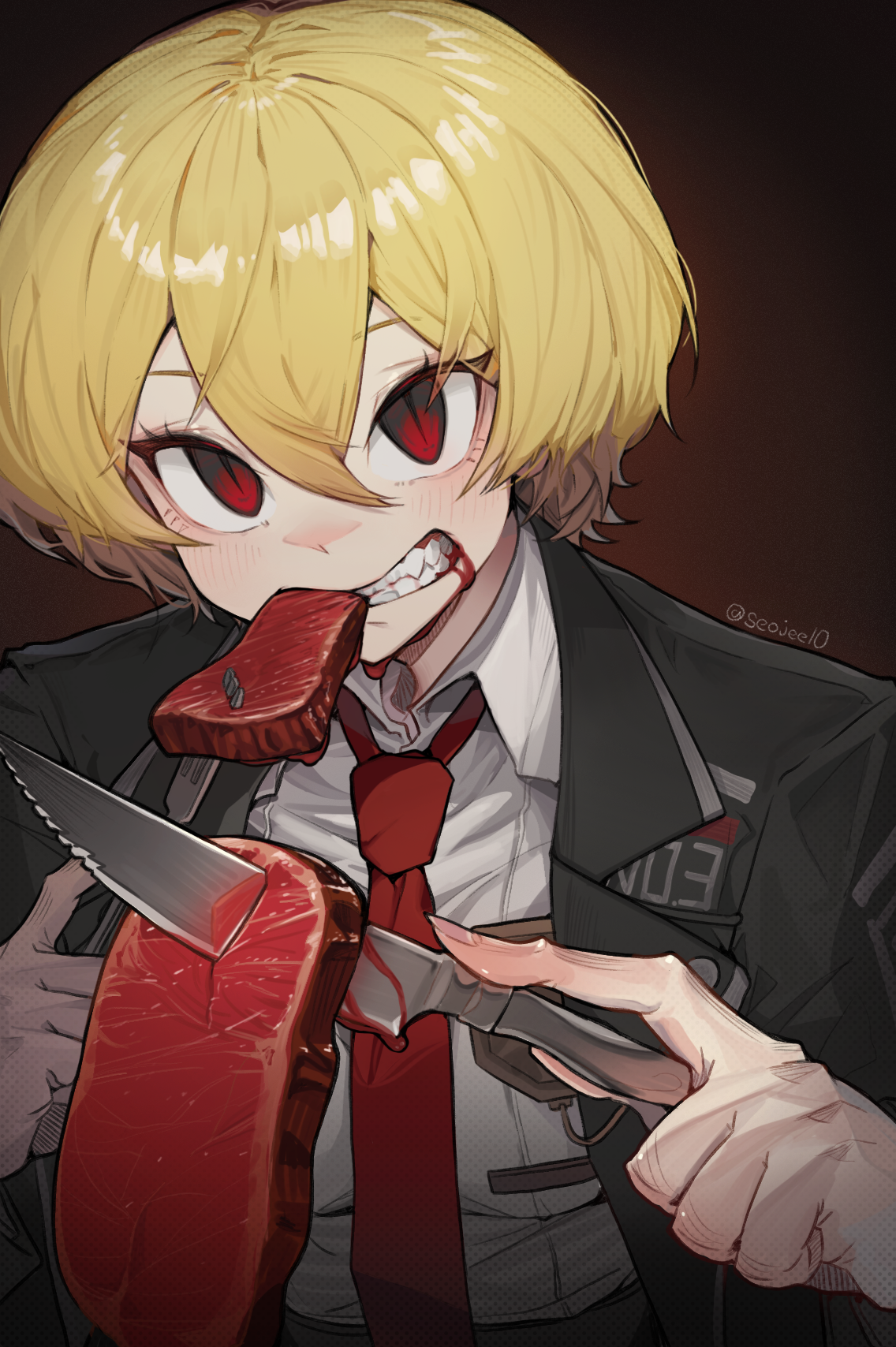an illustration shows an anime male with short blonde hair and red eyes. he is wearing a dark suit with a red tie. he is holding a piece of steak with a knife and has another piece of steak in his mouth. there is blood around his mouth. the artist's signature "seojee10" and some text are also visible in the image. the character is looking directly at the viewer.