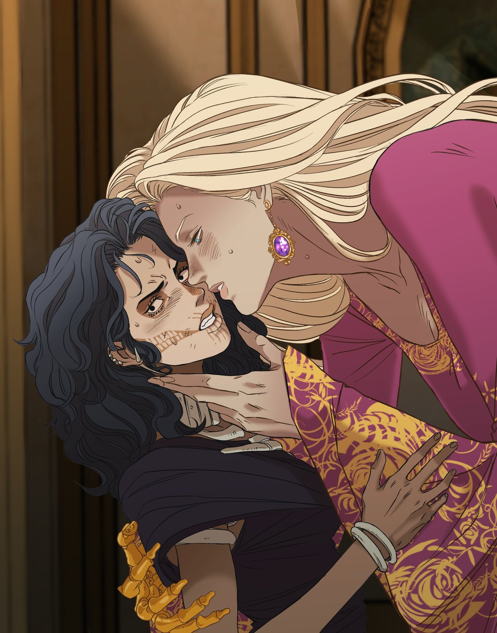 an illustration depicts a blonde woman passionately kissing a man with black hair and skeletal features, set against a backdrop of an ornate room. the woman, dressed in a pink and gold patterned gown, delicately holds the man's face. the man has markings resembling a skull on his face. the man's arm is adorned with a golden, skeletal hand.