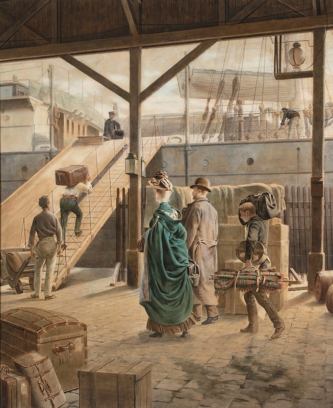 the image is a painting depicting a scene at a dock or pier in what appears to be the 19th century. several people are present, including men, women, and a boy, who seem to be passengers preparing to board or disembark from a ship. workers or porters are shown carrying luggage and crates, suggesting the bustling activity of a harbor. some individuals are dressed in period clothing, such as hats, coats, and dresses. a gangway connects the dock to a large vessel, and luggage trunks are scattered around. the architectural style and the presence of a sailing ship indicate a historical setting. the overall impression is of a busy scene during a time of sea transport.