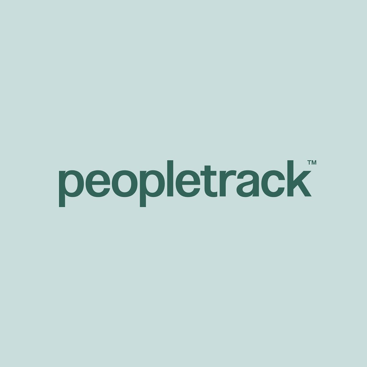the image shows the "peopletrack" logo on a solid background. the logo is written in lowercase letters and colored in dark teal. the background is a very light teal.  the letters are bolded and sansserif. there is a trademark symbol after the word.