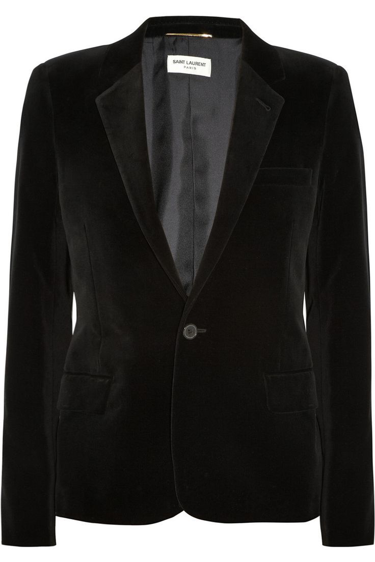 a black velvet blazer is displayed, a sophisticated choice for both business casual and formal occasions. it features a single button closure, contributing to a sleek and modern silhouette. the design includes standard suit jacket elements such as notched lapels, pockets, and a structured fit, making it a versatile outerwear piece.