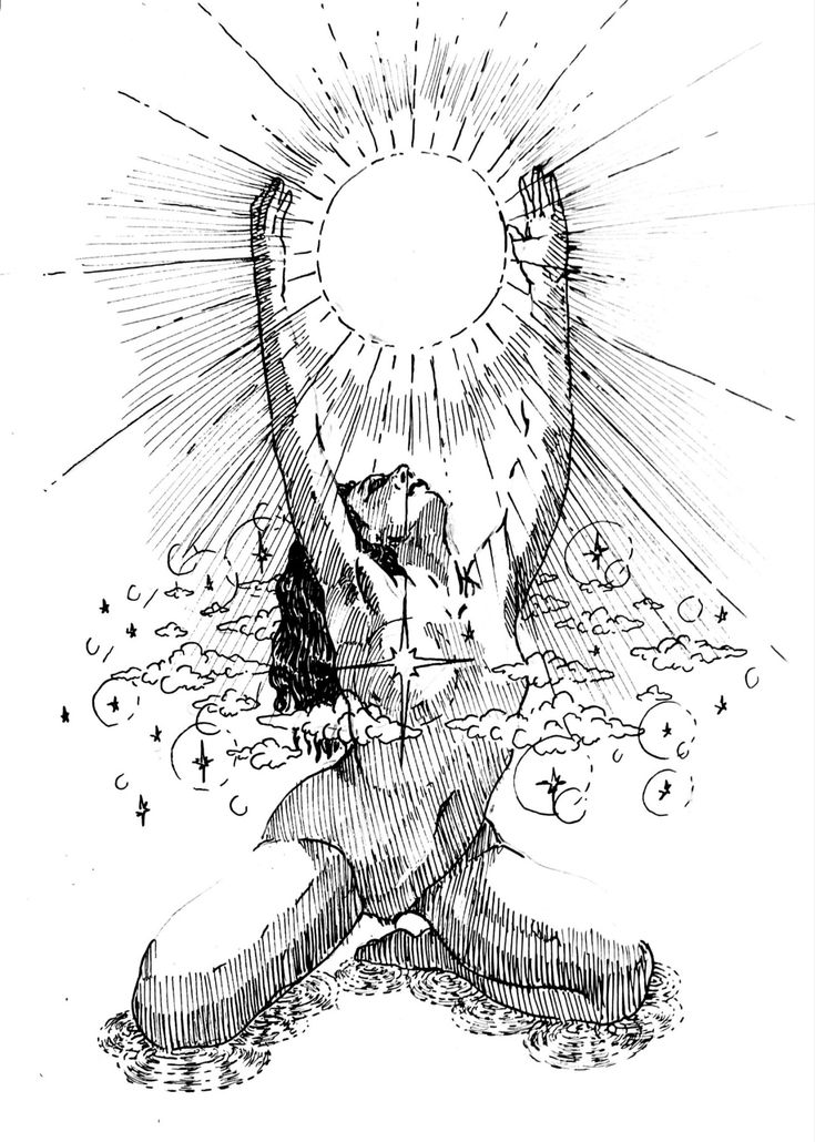 the image is a detailed pen and ink drawing of a nude female figure kneeling and raising her arms towards a bright sun. the sun is depicted with radiating rays, and the surrounding sky is filled with clouds, stars, and celestial elements. the figure's body is rendered with fine hatching and crosshatching techniques, creating texture and depth. the overall style is mystical and symbolic, suggesting a spiritual or religious theme. the artwork exhibits great detail and finesse.
