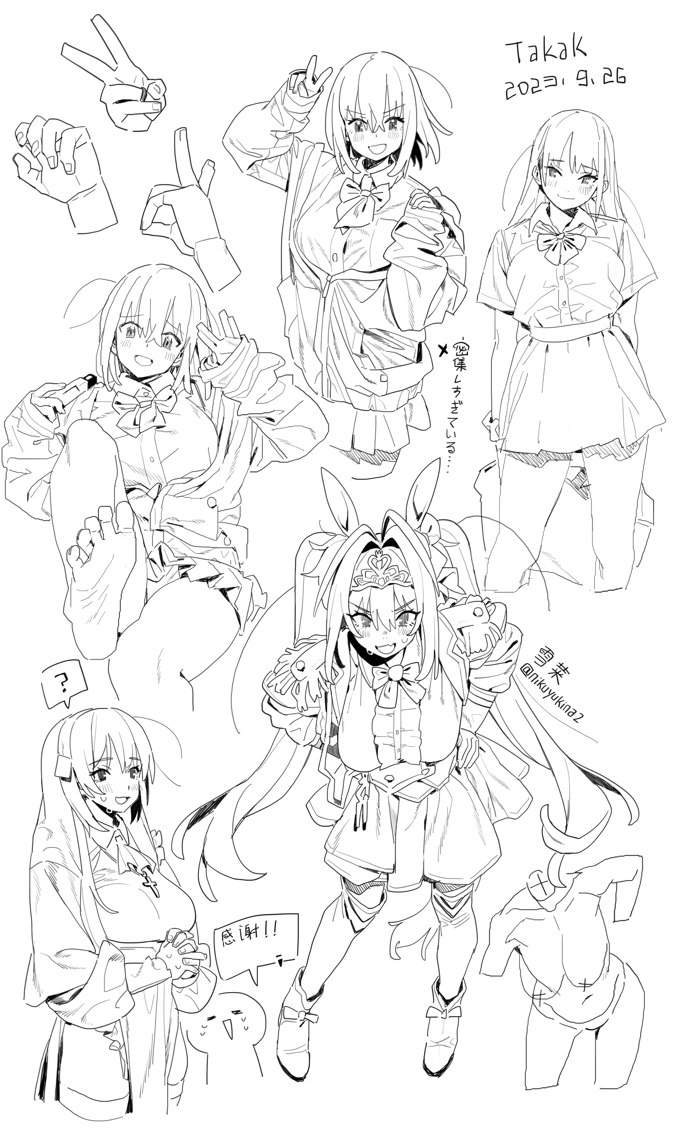 this is a black and white anime art sketch featuring several depictions of anime girls. the figures are drawn in various poses and outfits, including school uniforms and one with rabbit ears. there are also some hand gestures sketched separately.