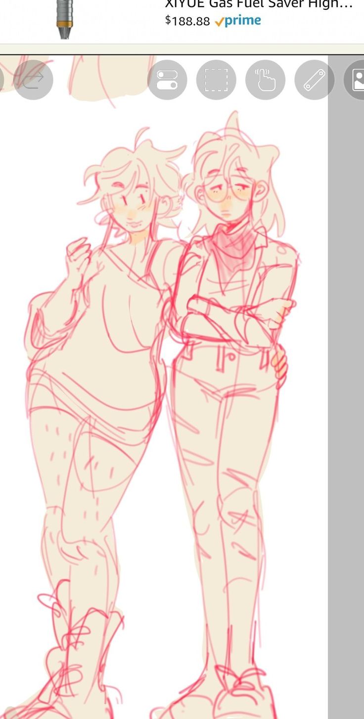 a digital art illustration of two girls with short and long hair hugging each other wearing casual clothing. they're drawn in a sketchy style with pink line art. they are both wearing boots and are in a relaxed and happy pose.