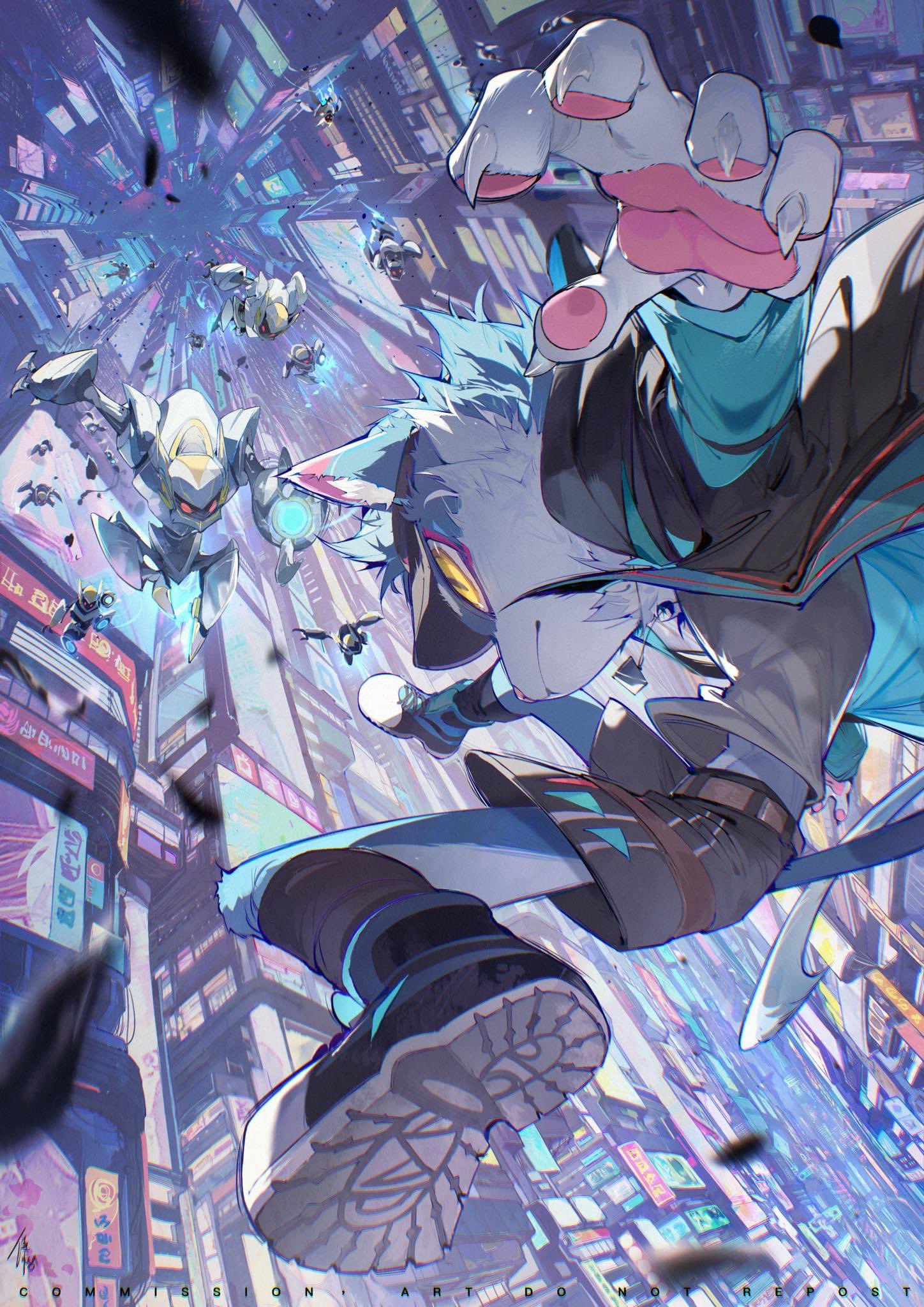 a grey and white furry character with blue eyes, clad in a black and teal outfit, leaps through a futuristic city. the perspective is from above, looking down on the character who is reaching towards the viewer with sharp claws extended. they are surrounded by other figures, some seemingly robotic, who are also in motion, implying a chase or fight scene. the city is a vibrant mix of purple and blue tones with bright neon signs.