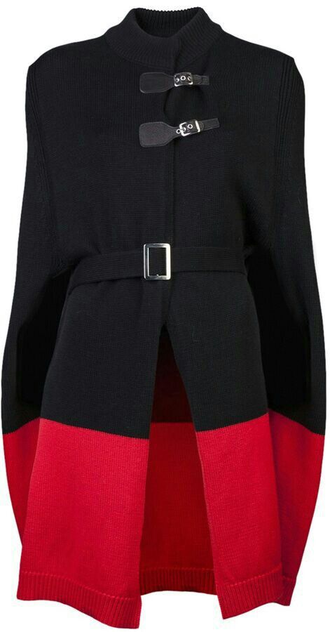 a black and red knit poncho with a belt and buckle closures.