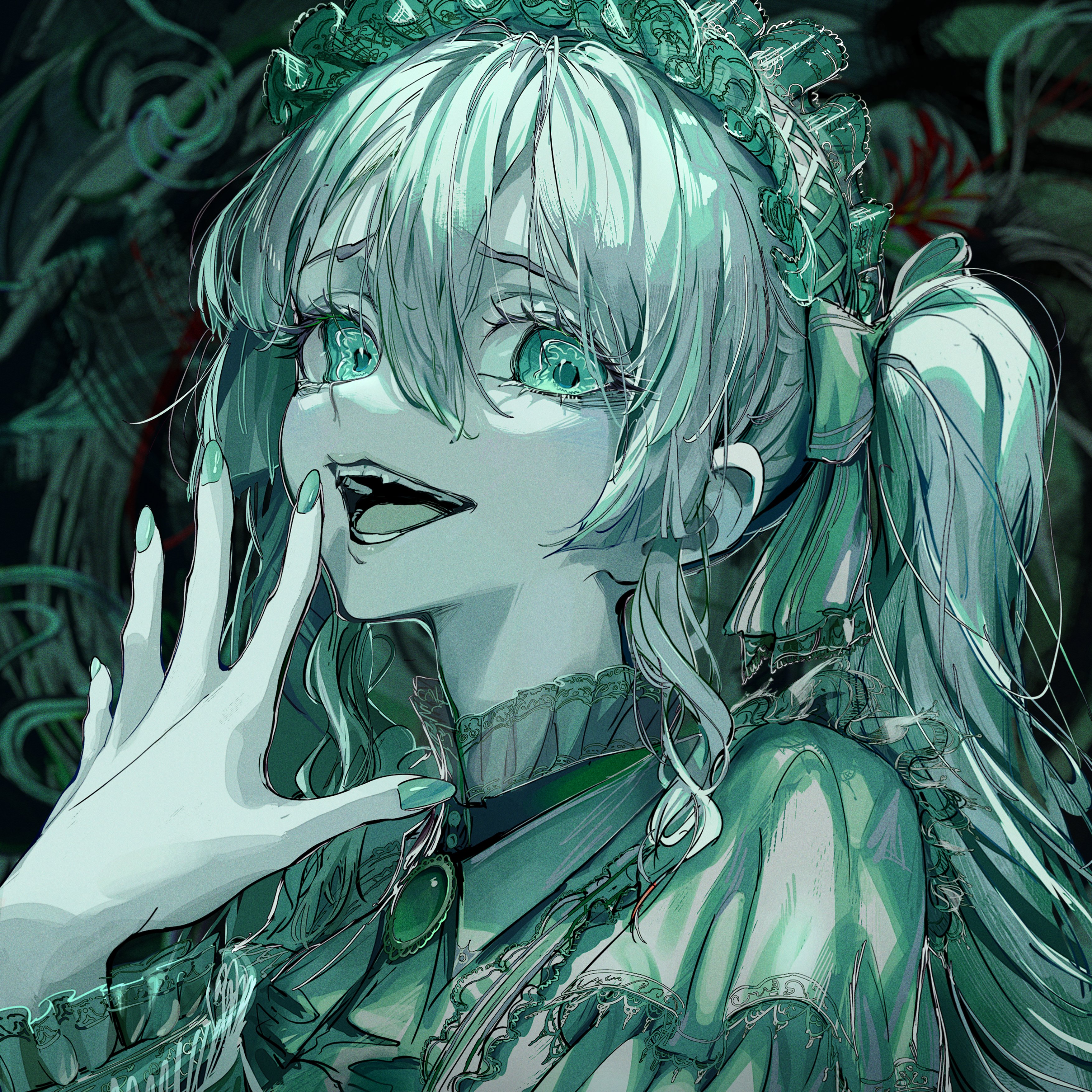 an anime style portrait of a girl with long white hair, green eyes and a creepy smile. she is wearing a green dress with lace and white collar. she is holding her hand up to her face and her finger is touching her cheek. the image has a spooky and creepy atmosphere. it's digital artwork created using a drawing software.