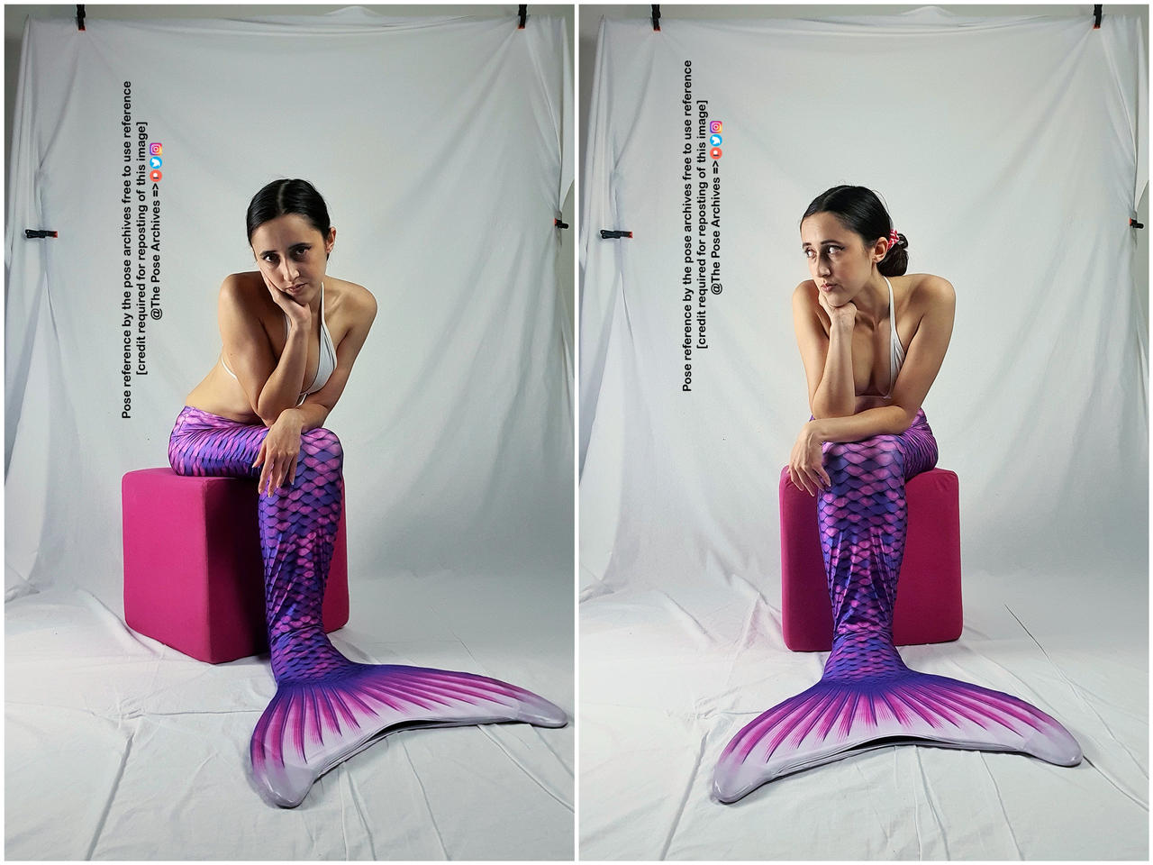 the image features a young woman posing as a mermaid. she is seated on a bright pink cube against a white backdrop. she is wearing a purple and pink mermaid tail and a white bikini top. the image is a diptych, showing two slightly different poses of the same subject. the lighting is soft and diffused, creating a gentle and flattering effect.