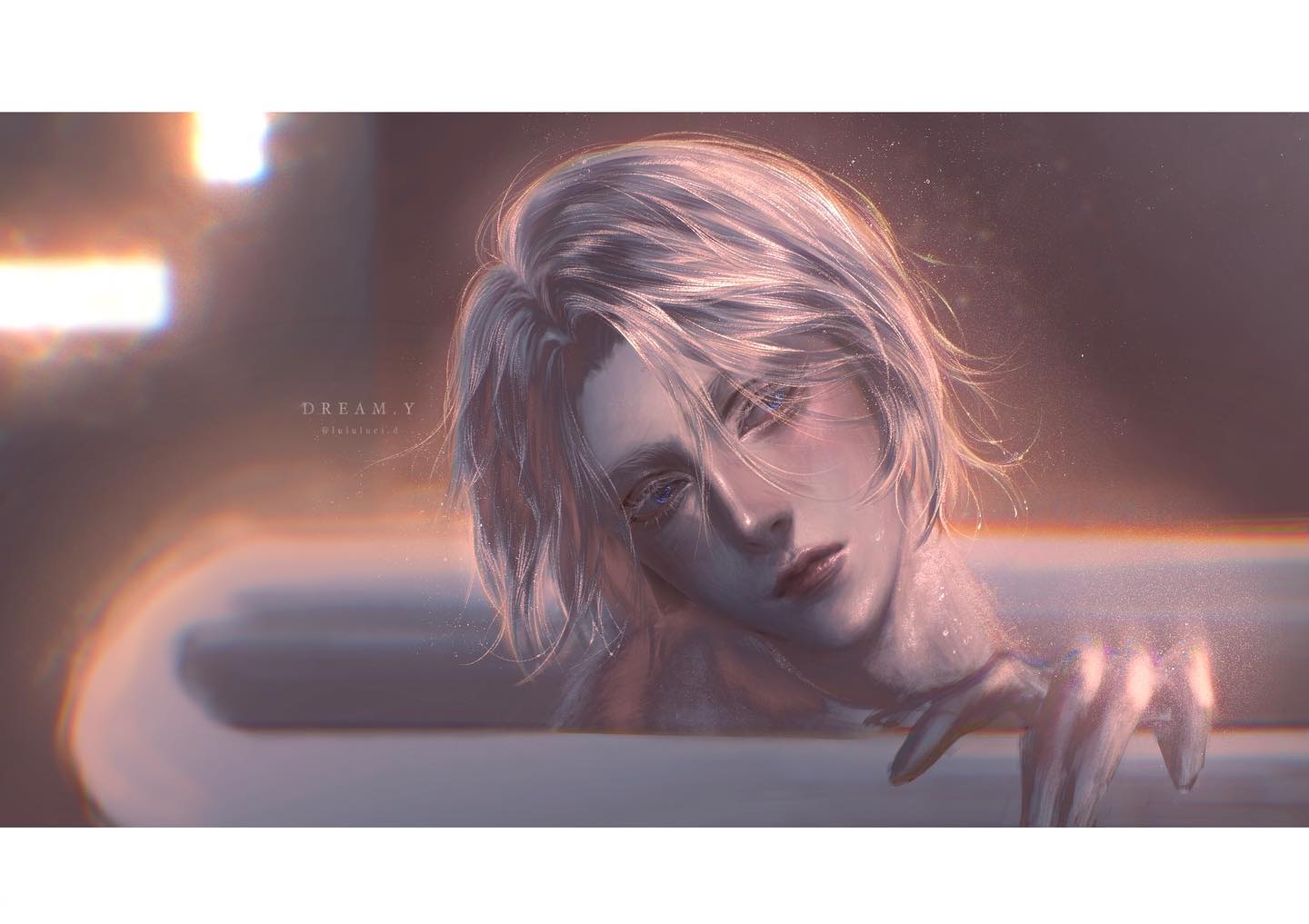 a digital, animestyle drawing of a young man with platinum blond hair and blue eyes. he's shown from the chest up, soaking in a bathtub.  he has a melancholic expression on his face. the image has a soft, dreamy quality due to the lighting and the glitter effects overlaid on the water and his skin. the color palette is muted and warm, with a focus on peach, beige, and brown tones.