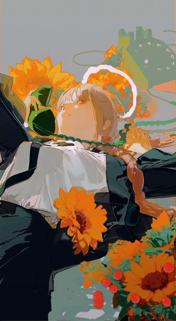 the image is a stylized illustration of a woman, presumably an anime or manga character, surrounded by sunflowers. she is holding a green rotary phone up to her ear. the character has fair skin, light blonde hair styled in a braid, and orange eyes. she is wearing a white collared shirt with a black suit jacket and pants. the overall aesthetic is painterly with soft, diffused lighting and a focus on warm, muted tones. there's a halolike shape above her head. the image has a vertical aspect ratio, suitable for a phone wallpaper.