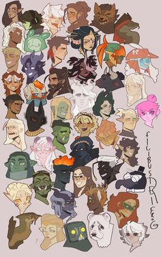 the image is a digital drawing of a large group of diverse fantasy characters. they are all drawn in a cartoon style and have unique features, such as different skin tones, hairstyles, and clothing. the characters are arranged in a grid pattern, with their faces taking up most of the space. the overall tone of the image is whimsical and fun.