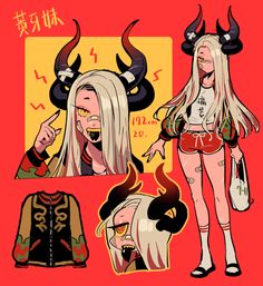 this illustration showcases a fashionable demon girl. she has long blonde hair, red eyes, and black horns. the style is streetstyle with a red and black color palette and chineseinspired details. the image provides multiple views of the character, including a closeup and fullbody shots. additionally, there's a separate drawing of her jacket.