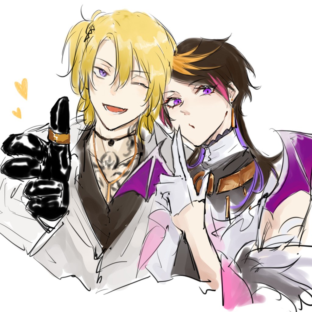 the image is a digital drawing of two anime characters. the character on the left is a male with blonde hair and purple eyes. he's wearing a white jacket with bat wings, a black shirt, and gloves. he has a tattoo on his chest and is smiling. he is holding up his hand to show a ring. the character on the right is a female with black and orange hair and purple eyes. she's wearing a white shirt with bat wings, a purple collar, and gloves. she is smiling and looking at the male. they are both holding hands and there are hearts around them.
