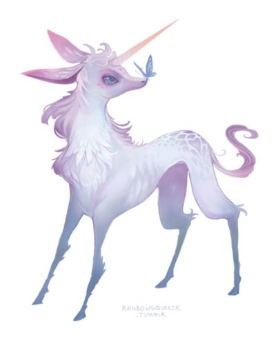 a whimsical illustration of a unicornlike creature with long, slender legs and a deerlike body. it has a single horn, large ears, and a butterfly resting on its nose. the creature is rendered in soft, pale shades of blue and purple. the artwork is attributed to rainbowsquekzie on tumblr.