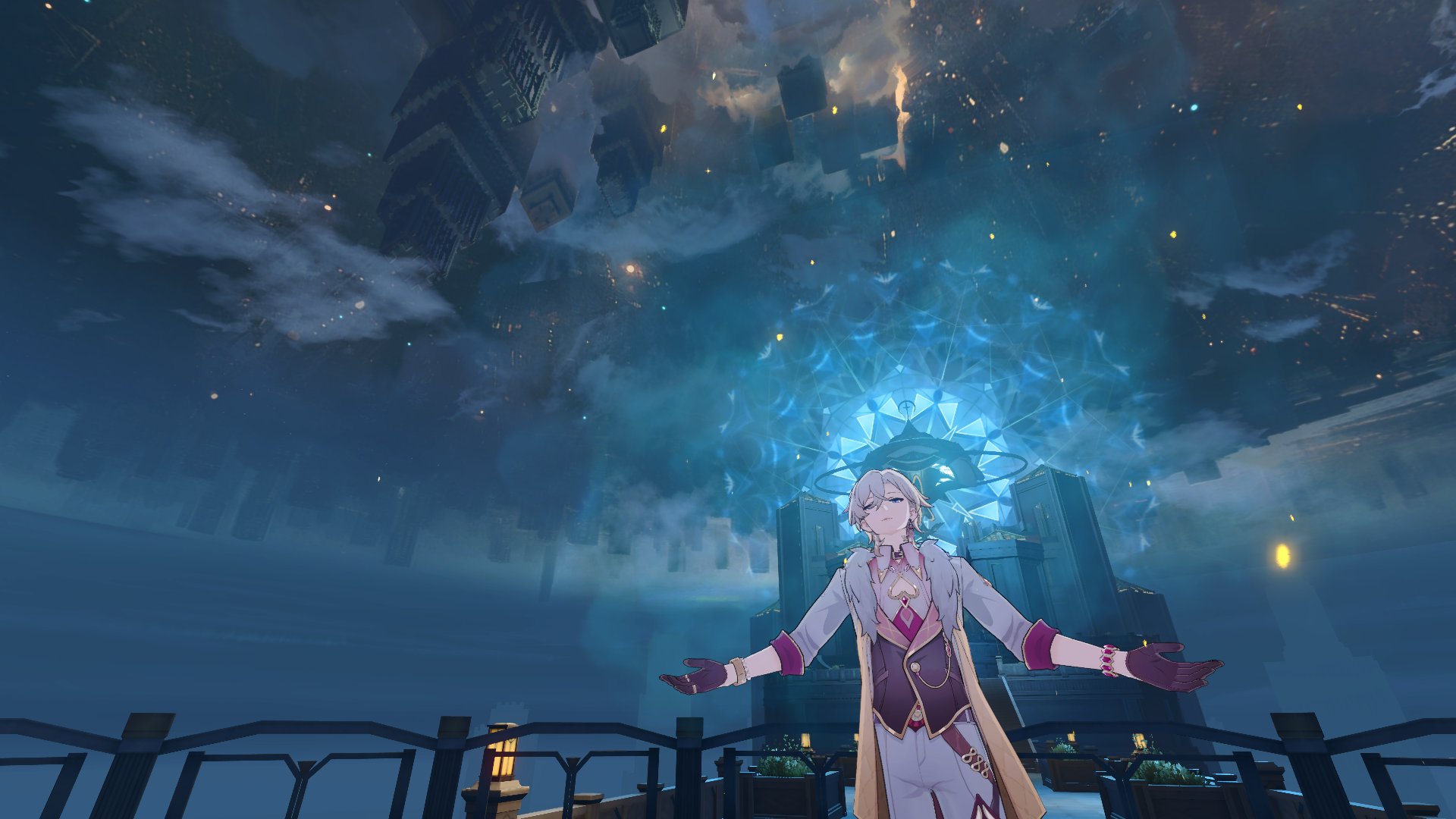 the image is a screenshot from the video game genshin impact, depicting a young male anime character, albedo, with blond hair. he is standing on a platform with a railing overlooking a city. the sky is night with a faint glow of fireworks. the city has many floating buildings, and albedo is looking upwards at the fireworks.