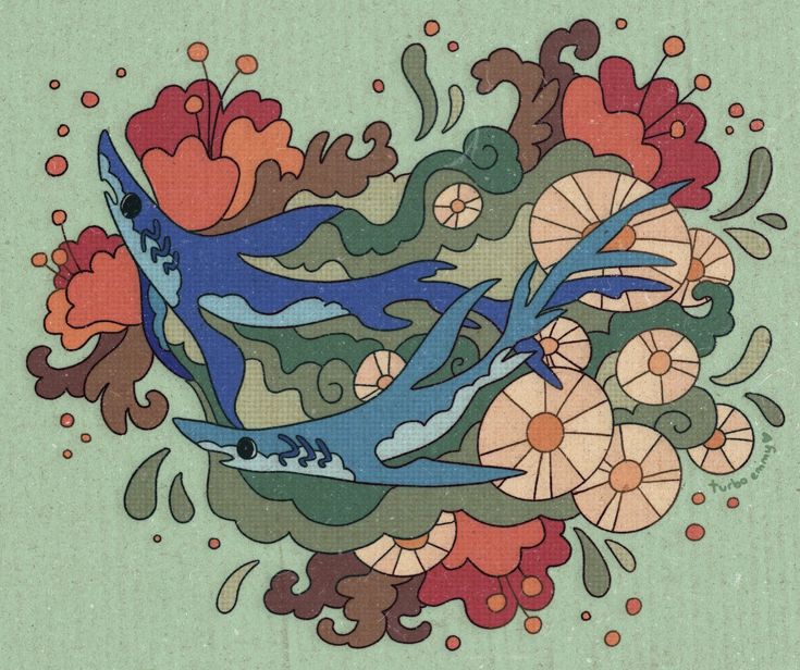 the image is a vibrant, retrostyled illustration featuring two stylized blue sharks swimming amidst a swirling, psychedelic arrangement of flowers and abstract shapes.  the floral elements include large hibiscuslike blooms and smaller daisylike flowers in warm, earthy tones. the sharks are depicted with a simplified, almost cartoonish style, yet retain a sense of movement and fluidity. the overall aesthetic evokes a 1960s or 1970s feel, with its bold colors, organic lines, and whimsical composition. the background is a pale teal or mint green, providing a calming contrast to the busier foreground. the artist's signature or watermark is visible in the bottom right corner.