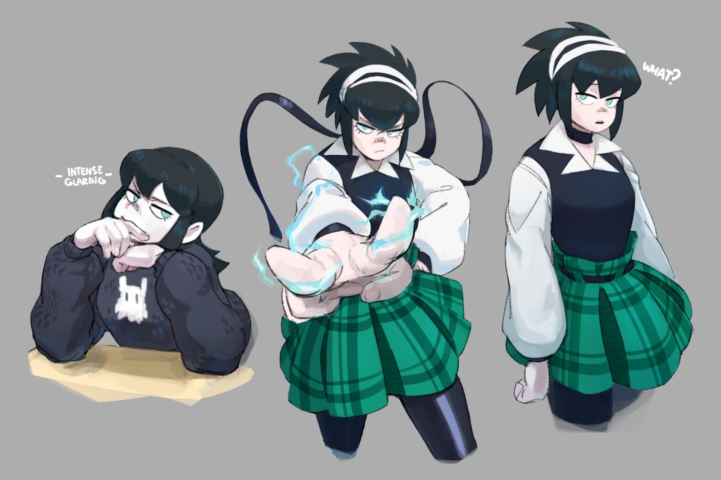 this is a digital illustration of three anime girls. two of them are in the foreground and one in the background. the girl in the foreground on the left is looking up at the viewer with a serious expression. the girl in the foreground on the right is wearing a green skirt and is looking at the viewer with a shocked expression. the girl in the background is holding her hand out with blue electricity coming from it.