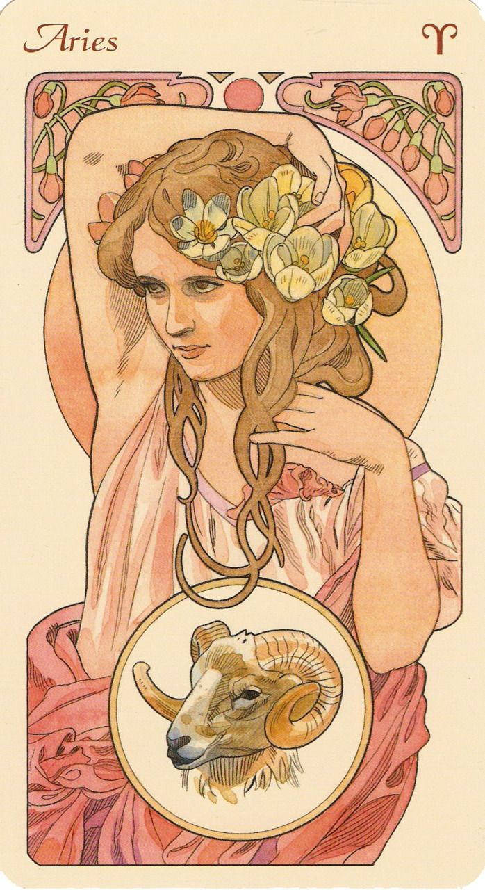 the image is an art nouveau illustration depicting the zodiac sign aries. a woman with long, flowing brown hair adorned with white and yellow flowers is positioned at the top of the image. she is looking down with a serene expression. below her is a circle containing the head of a ram, the symbol of aries. the word "aries" is written at the top left corner of the image, and the astrological symbol for aries is at the top right corner. the illustration is done in soft, muted colors with detailed linework, typical of the art nouveau style.