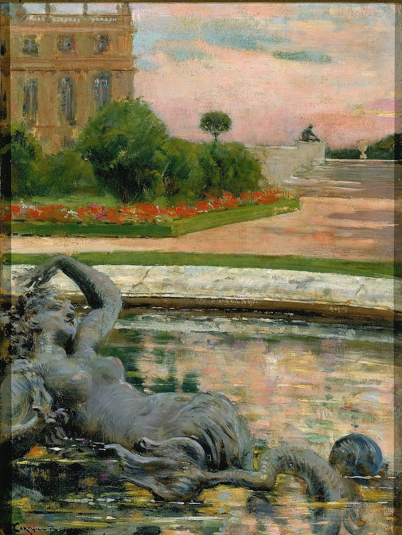 the image is a painting depicting a serene garden scene with a classical statue of a reclining woman in the foreground, which is part of a fountain or pond. the statue is a nude figure, and the water reflects the colors of the sky and surrounding landscape. in the background, there is a building with classical architecture, a garden area with colorful flowers, trees, and a pinkish sunset sky. there is a statue of a man sitting in the background near a vase and a tree. the artwork has an impressionistic style with visible brushstrokes and a soft color palette.