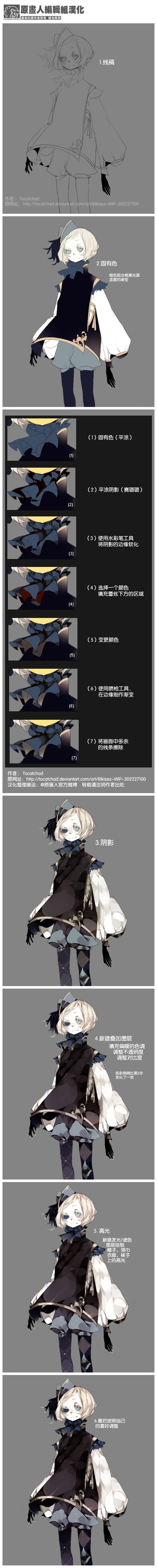 this image is a digital drawing showing the stepbystep creation of an anime girl character in black and white. the final image shows the girl standing side view with blond hair, wearing a black and white dress with black shoes.