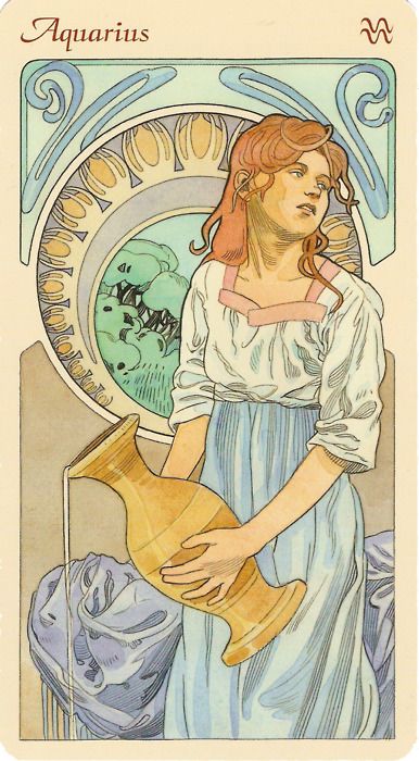a portrait in the style of art nouveau, reminiscent of alphonse mucha, depicting the zodiac sign aquarius. a woman with reddishbrown hair and a serene expression holds a golden pitcher. she wears a white blouse with pink straps and a long blue dress. behind her is a stylized decorative background with geometric and floral patterns. the word "aquarius" is written in a decorative script in the upper left corner, and the aquarius astrological symbol is in the upper right corner.
