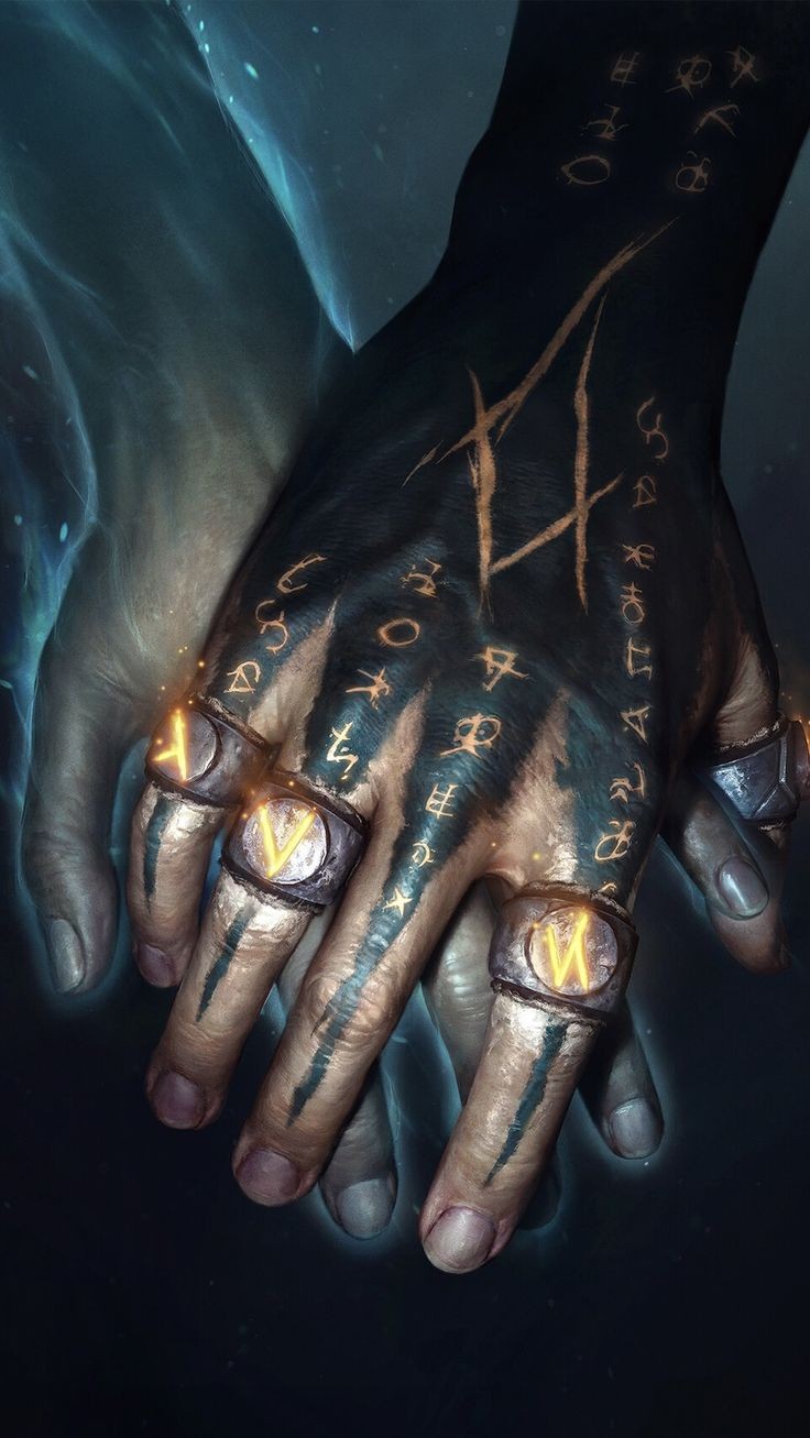 a closeup shot of two hands, one with a dark, mystical tattoo and the other with a faint glow. the tattooed hand wears several rings, each with a glowing symbol. the image is dark and mysterious, with a strong sense of fantasy and magic.