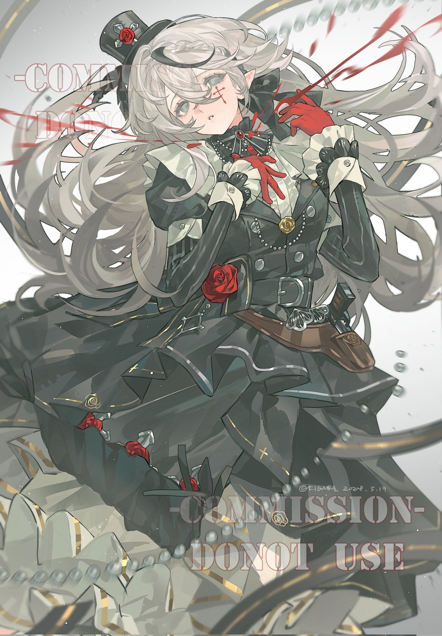 the image shows an animestyle gothic girl with long, flowing gray hair and pointed elf ears. she wears a black victorianstyle dress with a red rose on the chest and a small black hat with a rose on top. red gloves cover her hands. there's a gun holster and a sword strapped to her waist. blood splatters are visible in the image. a prominent "commission  do not use" watermark overlays the image.