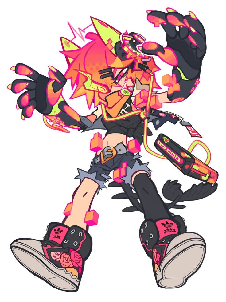 this image depicts a vibrant and colorful anime character with a punk style. the character's appearance is a mix of bright colors and intricate details. they are wearing adidas shoes, and their outfit is studded with accents that are consistent with a cyberpunk theme. they are holding a weapon with a neon design that looks to be a pistol.  the character is giving a mischievous grin, and their eyes are filled with excitement and a hint of danger. the background is a simple white, allowing the character's details to pop off the page. the character's overall design is striking and memorable, and their expression suggests a mischievous and daring personality.