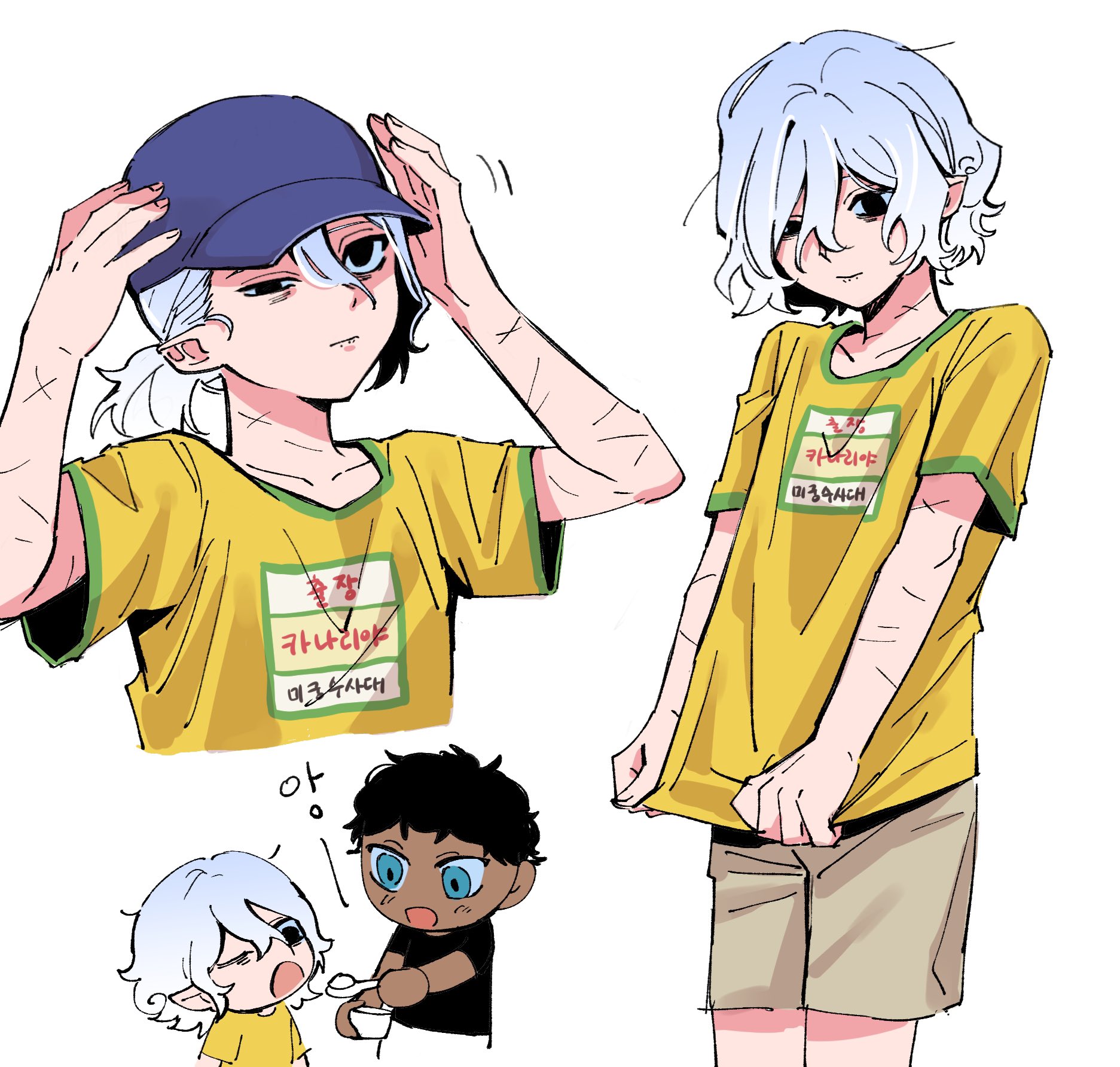 the image is a colorful animestyle illustration featuring three characters. the main focus is on two variations of a young person with white hair, one wearing a blue cap and the other with their hair loose. both are wearing yellow tshirts with a korean name tag and have visible scars on their arms.  a smaller, chibistyle character, a darkerhaired boy, is depicted in the bottom left interacting with a smaller version of the whitehaired character. the overall style is lighthearted, but the presence of the scars hints at some kind of past trauma or hardship. the style of art is reminiscent of webtoons or manga.