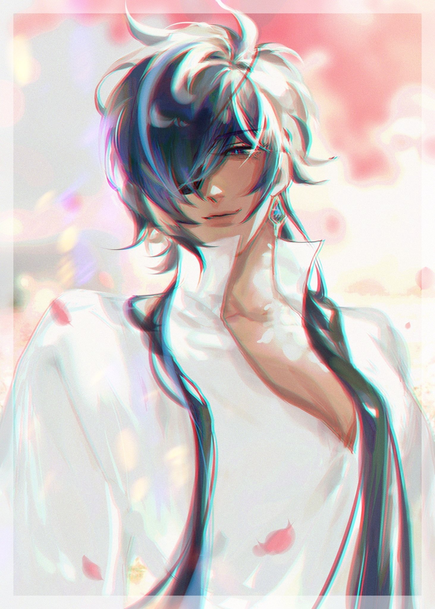 the image is a digital painting of a young animestyle male character. he has long, flowing hair that is a mix of white, black, and blue hues, partially obscuring his face.  his eyes are partially closed, giving a serene expression. he is wearing a loose, white shirt, and a dark ribbon or sash drapes around his neck and shoulders.  the background is a soft pastel pink with blurry pink flower petals scattered throughout, contributing to an overall ethereal and dreamy atmosphere. the style is soft and delicate, with a focus on light and color blending to create a visually appealing artwork.  there's a slight stereoscopic/3d effect visible in some areas of the art.