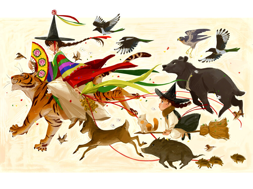 the image depicts an illustration of two witches, one riding a tiger and wearing traditional korean clothing (hanbok) and the other riding a broom, followed by a caravan of various animals including a bear, deer, cat, and boars. birds are flying around them, and confetti is scattered throughout the scene. the overall aesthetic suggests a whimsical and magical narrative.